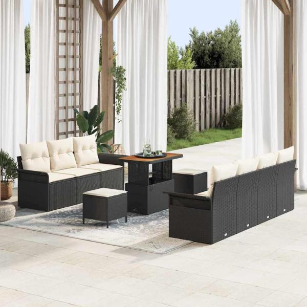 ARDEBO.de - 10-teiliges Garten Sofa Set mit Kissen Schwarz Poly Rattan Akazie, 2-Sitzer Garten Sofa mit Kissen Schwarz Poly Rattan, 3-teiliges Garten Essenset mit Kissen Schwarz Poly Rattan Akazie