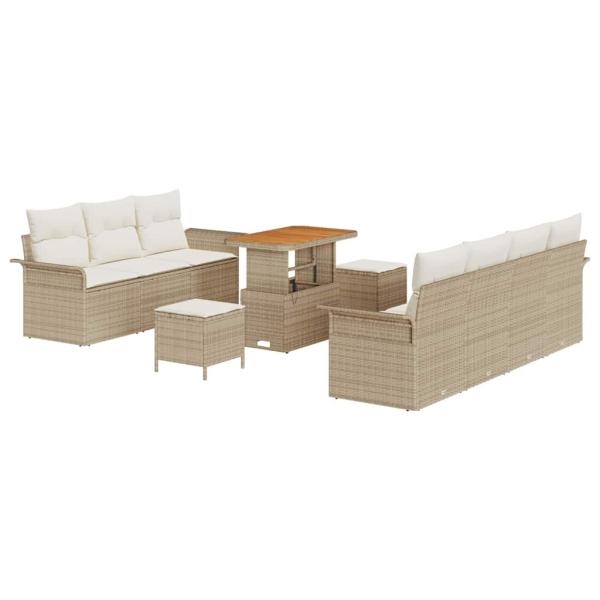 10-teiliges Garten-Sofa-Set mit Kissen Beige Poly Rattan Akazie, 2-Sitzer Garten-Sofa mit Kissen Beige Poly Rattan, 3-teiliges Garten-Ess-Set mit Kissen Beige Poly Rattan Akazie
