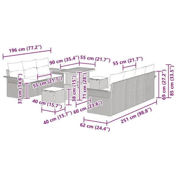 ARDEBO.de - 10-teiliges Garten Sofa Set mit Kissen Grau Poly Rattan Akazie, 2-Sitzer Garten Sofa mit Kissen Grau Poly Rattan, 3-teiliges Garten Esstisch Set mit Kissen Grau Poly Rattan Akazie