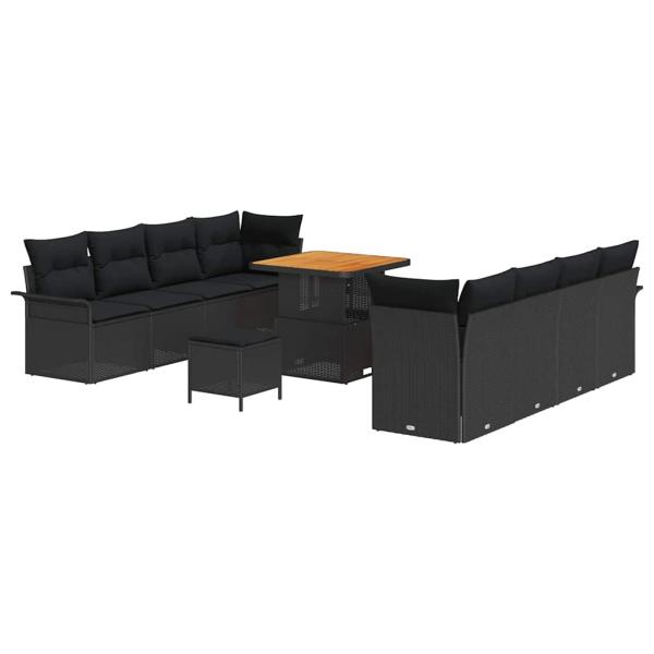 11-teiliges Garten Sofa Set mit Kissen Schwarz Poly Rattan Akazie, 2-Sitzer Garten Sofa mit Kissen Schwarz Poly Rattan, 3-teiliges Garten Esstisch Set mit Kissen Schwarz Poly Rattan Akazie