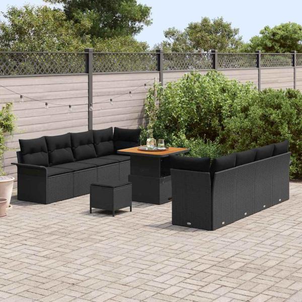 11-teiliges Garten Sofa Set mit Kissen Schwarz Poly Rattan Akazie, 2-Sitzer Garten Sofa mit Kissen Schwarz Poly Rattan, 3-teiliges Garten Esstisch Set mit Kissen Schwarz Poly Rattan Akazie