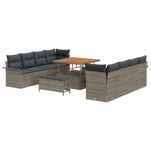 11-teiliges Garten-Sofa-Set mit Kissen Grau Poly Rattan Akazie, 2-Sitzer Garten-Sofa mit Kissen Grau Poly Rattan, 3-teiliges Garten-Esszimmer-Set mit Kissen Grau Poly Rattan Akazie
