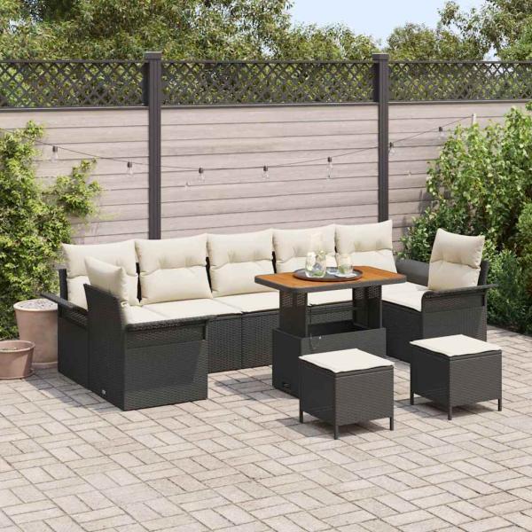 ARDEBO.de - 10-teiliges Garten Sofa Set mit Kissen Schwarz Poly Rattan Akazie, 2-Sitzer Garten Sofa mit Kissen Schwarz Poly Rattan, 3-teilige Garten Essgruppe mit Kissen Schwarz Poly Rattan Akazie