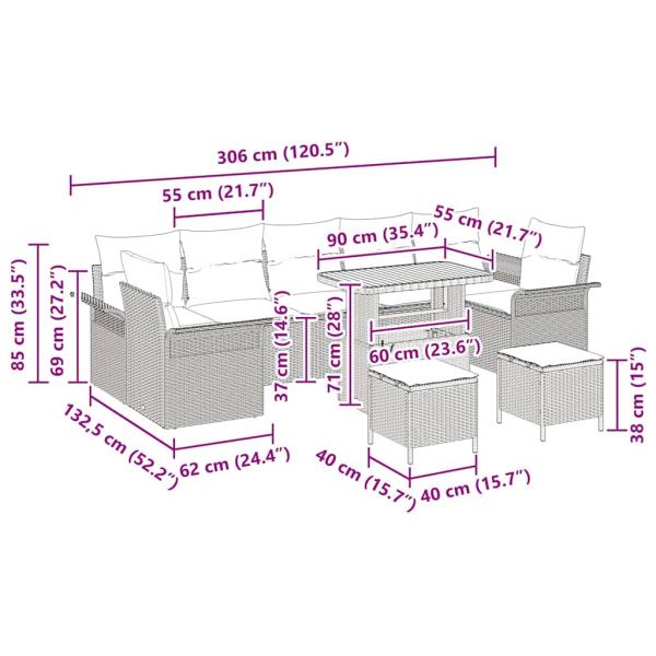 10-teiliges Garten Sofa Set mit Kissen Schwarz Poly Rattan Akazie, 2-Sitzer Garten Sofa mit Kissen Schwarz Poly Rattan, 3-teilige Garten Essgruppe mit Kissen Schwarz Poly Rattan Akazie