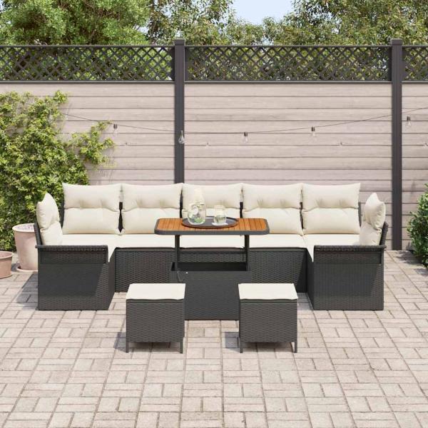 10-teiliges Garten Sofa Set mit Kissen Schwarz Poly Rattan Akazie, 2-Sitzer Garten Sofa mit Kissen Schwarz Poly Rattan, 3-teilige Garten Essgruppe mit Kissen Schwarz Poly Rattan Akazie