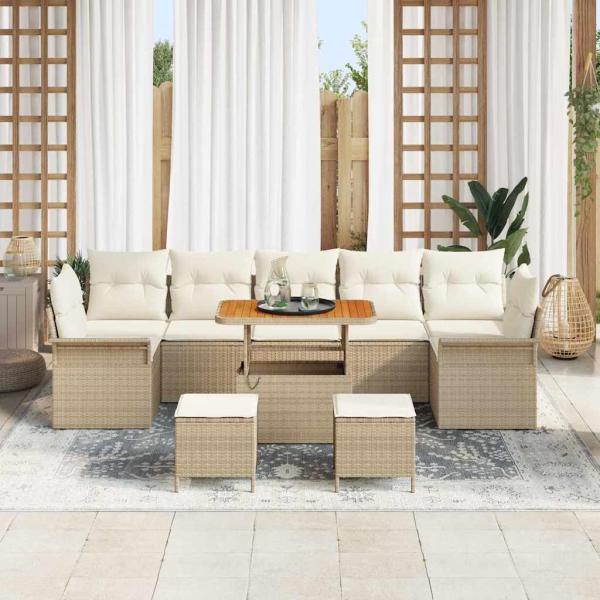 ARDEBO.de - 10-teiliges Garten-Sofa-Set mit Kissen Beige Poly-Rattan Akazie, 2-Sitzer Garten-Sofa mit Kissen Beige Poly-Rattan, 3-teiliges Garten-Esszimmer-Set mit Kissen Beige Poly-Rattan Akazie