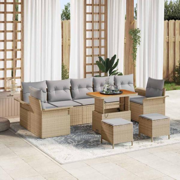 ARDEBO.de - 10-teiliges Garten Sofa Set mit Kissen Beige Poly Rattan Akazie, 2-Sitzer Garten Sofa mit Kissen Beige Poly Rattan, 3-teiliges Garten Esszimmer Set mit Kissen Beige Poly Rattan Akazie