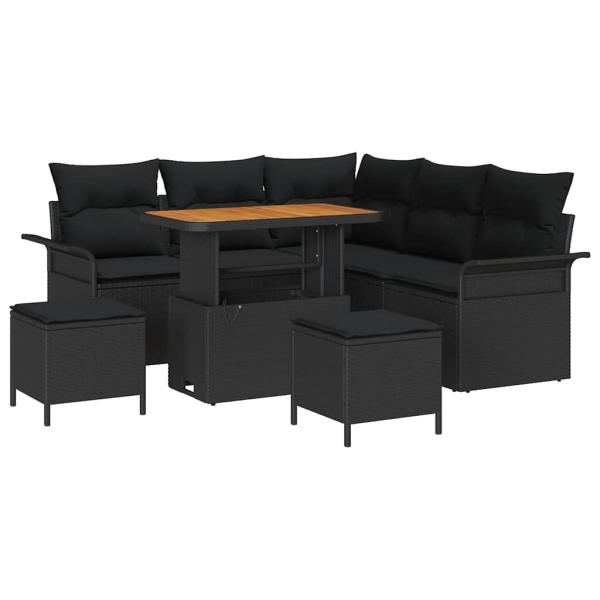 8-teiliges Garten Sofa Set mit Kissen, Schwarz Poly Rattan Akazie, 2-Sitzer Garten Sofa mit Kissen, Schwarz Poly Rattan, 3-teiliges Garten Essset mit Kissen, Schwarz Poly Rattan Akazie