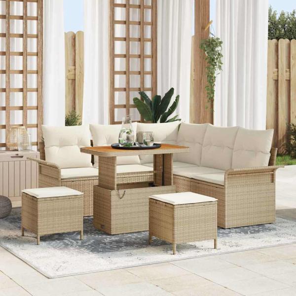 ARDEBO.de - 8-teiliges Garten Sofa Set mit Kissen Beige Poly Rattan Akazie, 2-Sitzer Garten Sofa mit Kissen Beige Poly Rattan, 3-teiliges Garten Essset mit Kissen Beige Poly Rattan Akazie