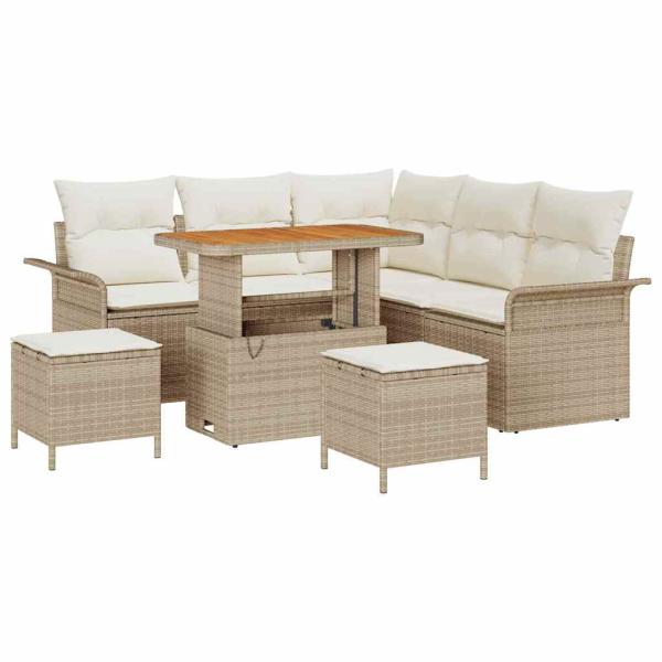8-teiliges Garten Sofa Set mit Kissen Beige Poly Rattan Akazie, 2-Sitzer Garten Sofa mit Kissen Beige Poly Rattan, 3-teiliges Garten Essset mit Kissen Beige Poly Rattan Akazie