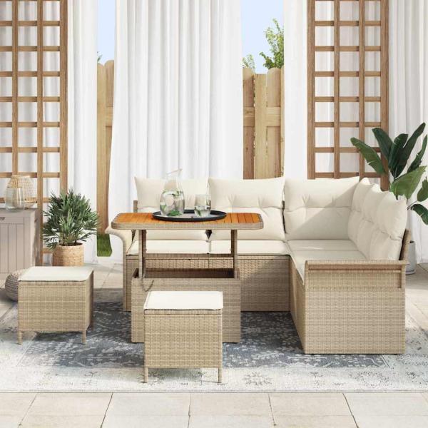 8-teiliges Garten Sofa Set mit Kissen Beige Poly Rattan Akazie, 2-Sitzer Garten Sofa mit Kissen Beige Poly Rattan, 3-teiliges Garten Essset mit Kissen Beige Poly Rattan Akazie