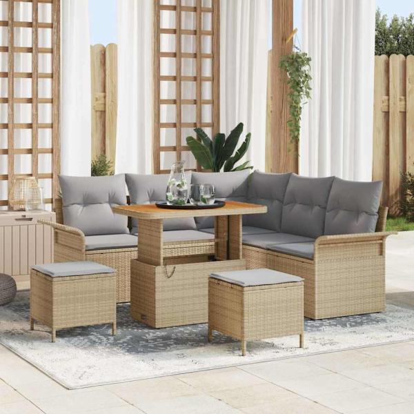 ARDEBO.de - 8-teiliges Garten Sofaset mit Kissen Beige Poly Rattan Akazie, 2-Sitzer Garten Sofa mit Kissen Beige Poly Rattan, 3-teiliges Garten Essset mit Kissen Beige Poly Rattan Akazie
