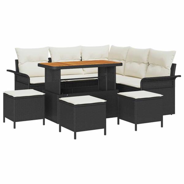 9-teiliges Garten Sofa Set mit Kissen Schwarz Poly Rattan Akazie, 2-Sitzer Garten Sofa mit Kissen Schwarz Poly Rattan, 4-teiliges Garten Essset mit Kissen Schwarz Poly Rattan Akazie
