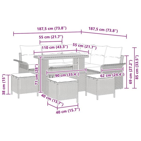 Gartensofa-set mit Kissen 9 pcs Beige Poly-Rattan