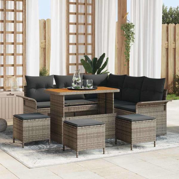 ARDEBO.de - 9-teiliges Garten Sofa Set mit Kissen Grau Poly Rattan Akazie, 2-Sitzer Garten Sofa mit Kissen Grau Poly Rattan, 4-teiliges Garten Esstisch Set mit Kissen Grau Poly Rattan Akazie