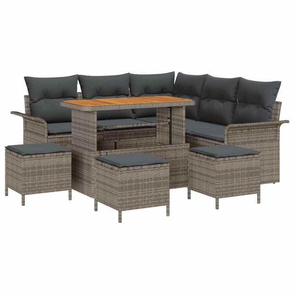 9-teiliges Garten Sofa Set mit Kissen Grau Poly Rattan Akazie, 2-Sitzer Garten Sofa mit Kissen Grau Poly Rattan, 4-teiliges Garten Esstisch Set mit Kissen Grau Poly Rattan Akazie
