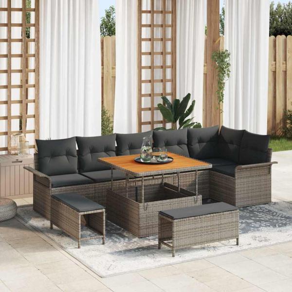 ARDEBO.de - 9-teiliges Garten-Sofa-Set mit Kissen Grau Poly Rattan Akazie, 2-Sitzer Garten-Sofa mit Kissen Grau Poly Rattan, 3-teiliges Garten-Dining-Set mit Kissen Grau Poly Rattan Akazie