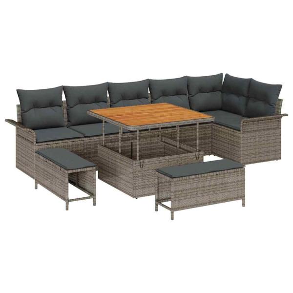 9-teiliges Garten-Sofa-Set mit Kissen Grau Poly Rattan Akazie, 2-Sitzer Garten-Sofa mit Kissen Grau Poly Rattan, 3-teiliges Garten-Dining-Set mit Kissen Grau Poly Rattan Akazie