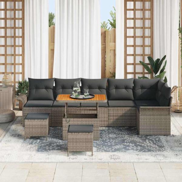 9 Teile Garten Sofa Set mit Kissen Grau Poly Rattan Akazie, 2-Sitzer Garten Sofa mit Kissen Grau Poly Rattan, 3 Teile Garten Esstisch Set mit Kissen Grau Poly Rattan Akazie