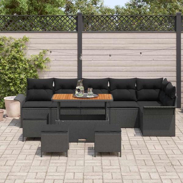 10-teiliges Garten Sofaset mit Kissen Schwarz Poly Rattan Akazie, 2-Sitzer Garten Sofa mit Kissen Schwarz Poly Rattan, 4-teiliges Garten Essset mit Kissen Schwarz Poly Rattan Akazie
