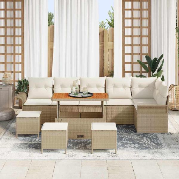 10-teiliges Garten-Sofa-Set mit Kissen Beige Poly Rattan Akazie, 2-Sitzer Garten-Sofa mit Kissen Beige Poly Rattan, 4-teiliges Garten-Dining-Set mit Kissen Beige Poly Rattan Akazie