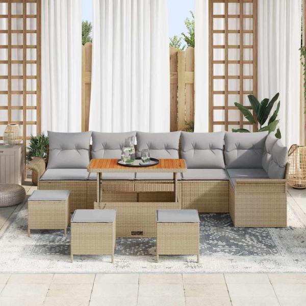 10-teiliges Garten Sofa Set mit Kissen Beige Poly Rattan Akazie, 2-Sitzer Garten Sofa mit Kissen Beige Poly Rattan, 4-teiliges Garten Ess-Set mit Kissen Beige Poly Rattan Akazie