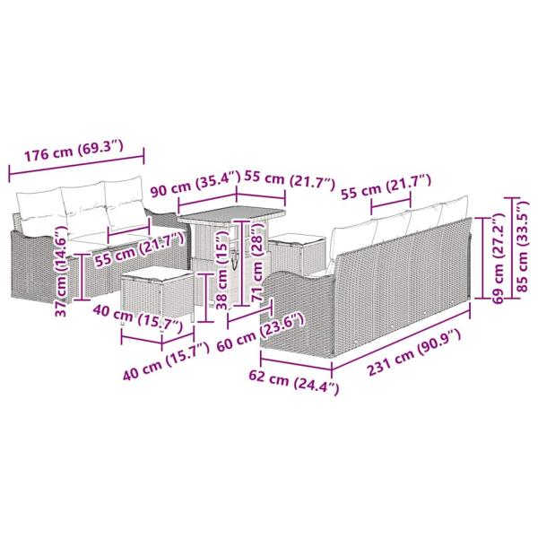 10-teilige Garten Sofa Set mit Kissen Schwarz Poly-Rattan Akazie, 2-Sitzer Garten Sofa mit Kissen Schwarz Poly-Rattan, 3-teiliges Garten Esstisch Set mit Kissen Schwarz Poly-Rattan Akazie