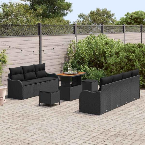 10-teilige Garten Sofa Set mit Kissen Schwarz Poly-Rattan Akazie, 2-Sitzer Garten Sofa mit Kissen Schwarz Poly-Rattan, 3-teiliges Garten Esstisch Set mit Kissen Schwarz Poly-Rattan Akazie