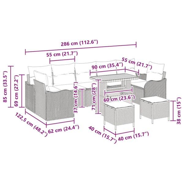10-teiliges Garten-Sofa-Set mit Kissen Schwarz Poly-Rattan Akazie, 2-Sitzer-Garten-Sofa mit Kissen Schwarz Poly-Rattan, 3-teilige Garten-Essgruppe mit Kissen Schwarz Poly-Rattan Akazie
