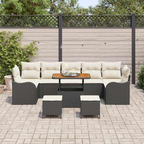 10-teiliges Garten-Sofa-Set mit Kissen Schwarz Poly-Rattan Akazie, 2-Sitzer-Garten-Sofa mit Kissen Schwarz Poly-Rattan, 3-teilige Garten-Essgruppe mit Kissen Schwarz Poly-Rattan Akazie