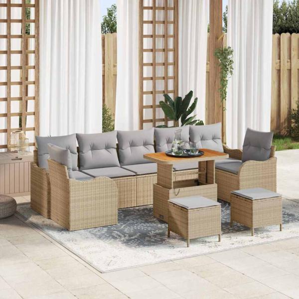 ARDEBO.de - 10-teiliges Gartensofa Set mit Kissen Beige Poly Rattan Akazie, 2-Sitzer Gartensofa mit Kissen Beige Poly Rattan, 3-teiliges Gartentisch Set mit Kissen Beige Poly Rattan Akazie