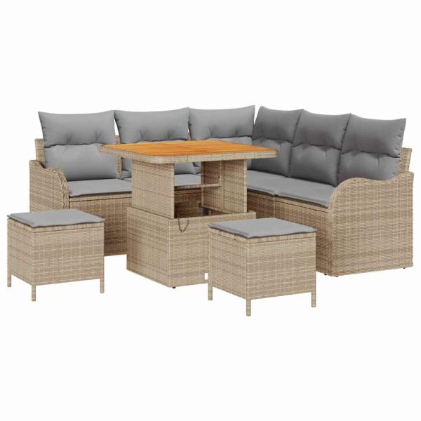 8-teiliges Garten-Sofa-Set mit Kissen in Beige aus Poly Rattan, 2-Sitzer Garten-Sofa mit Kissen in Beige aus Poly Rattan, 3-teiliges Garten-Esszimmer-Set mit Kissen in Beige aus Poly Rattan