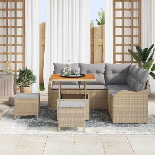8-teiliges Garten-Sofa-Set mit Kissen in Beige aus Poly Rattan, 2-Sitzer Garten-Sofa mit Kissen in Beige aus Poly Rattan, 3-teiliges Garten-Esszimmer-Set mit Kissen in Beige aus Poly Rattan