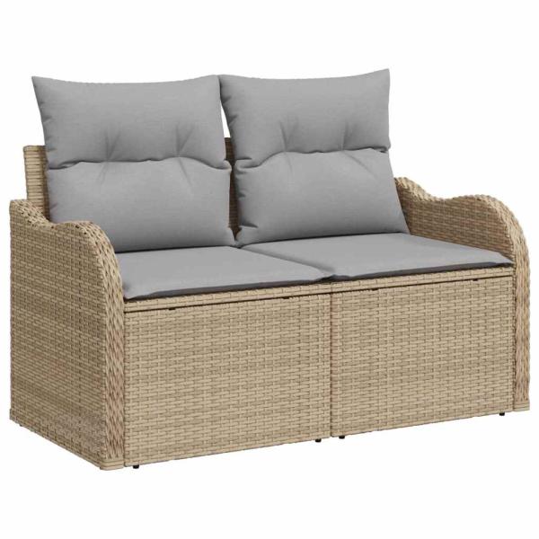 8-teiliges Garten-Sofa-Set mit Kissen in Beige aus Poly Rattan, 2-Sitzer Garten-Sofa mit Kissen in Beige aus Poly Rattan, 3-teiliges Garten-Esszimmer-Set mit Kissen in Beige aus Poly Rattan