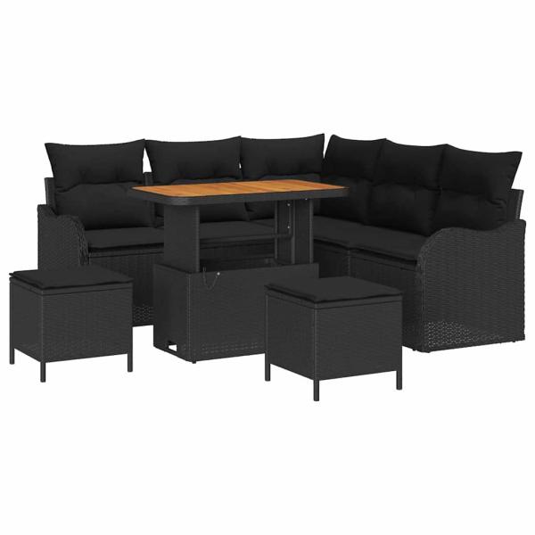 ARDEBO.de - 8-teilige Garten Sofa Set mit Kissen Schwarz Poly Rattan Akazie, 2-Sitzer Garten Sofa mit Kissen Schwarz Poly Rattan, 3-teiliges Garten Essenset mit Kissen Schwarz Poly Rattan Akazie