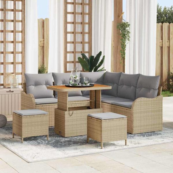 ARDEBO.de - 8-teiliges Garten Sofa Set mit Kissen Beige Poly Rattan Akazie, 2-Sitzer Garten Sofa mit Kissen Beige Poly Rattan, 3-teiliges Garten Essenset mit Kissen Beige Poly Rattan Akazie