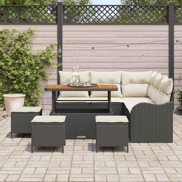 9-teiliges Garten Sofa Set mit Kissen Schwarz Poly-Rattan Akazie, 2-Sitzer Garten Sofa mit Kissen Schwarz Poly-Rattan, 4-teiliges Garten Essenset mit Kissen Schwarz Poly-Rattan Akazie