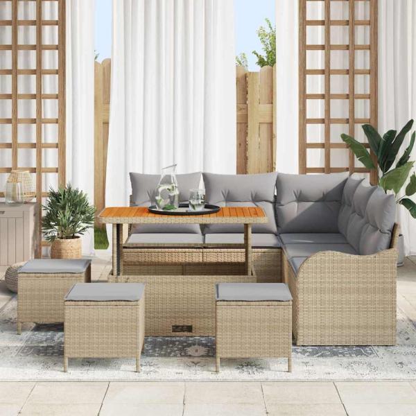 9-teiliges Garten Sofa Set mit Kissen Beige Poly Rattan Akazie, 2-Sitzer Garten Sofa mit Kissen Beige Poly Rattan, 4-teiliges Garten Esstisch Set mit Kissen Beige Poly Rattan Akazie