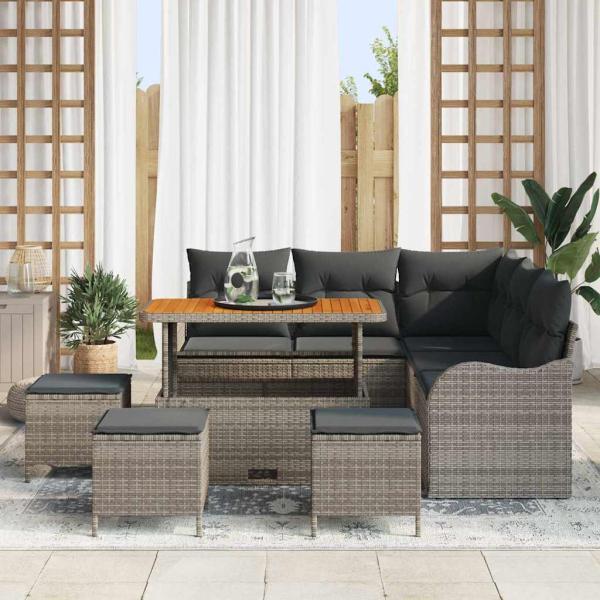 9-teiliges Garten Sofaset mit Kissen Grau Poly Rattan Akazie, 2-Sitzer Garten Sofa mit Kissen Grau Poly Rattan, 4-teiliges Garten Essset mit Kissen Grau Poly Rattan Akazie