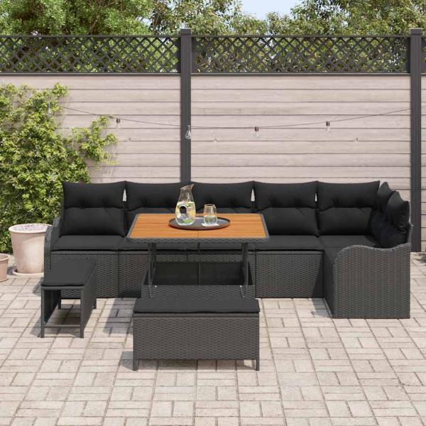 ARDEBO.de - 9-teiliges Garten Sofa Set mit Kissen Schwarz Poly Rattan Akazie, 2-Sitzer Garten Sofa mit Kissen Schwarz Poly Rattan, 3-teiliges Garten Essset mit Kissen Schwarz Poly Rattan Akazie