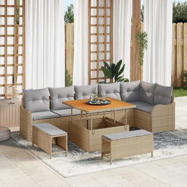 ARDEBO.de - 9-teiliges Garten Sofa Set mit Kissen Beige Poly Rattan Akazie, 2-Sitzer Garten Sofa mit Kissen Beige Poly Rattan, 3-teiliges Garten Essset mit Kissen Beige Poly Rattan Akazie