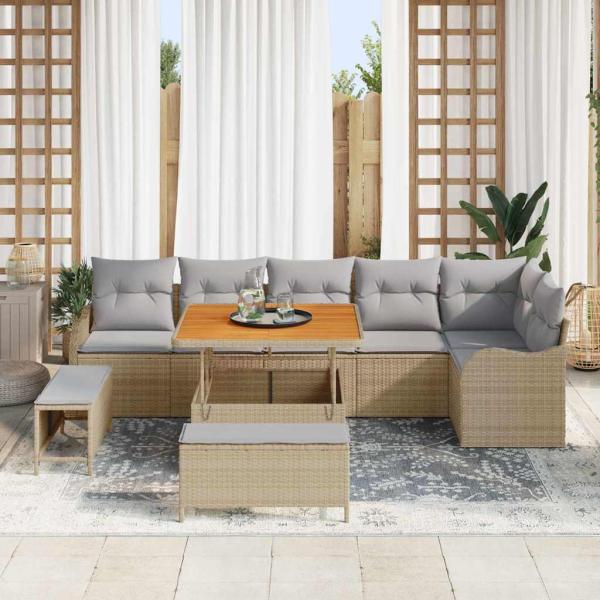 9-teiliges Garten Sofa Set mit Kissen Beige Poly Rattan Akazie, 2-Sitzer Garten Sofa mit Kissen Beige Poly Rattan, 3-teiliges Garten Essset mit Kissen Beige Poly Rattan Akazie