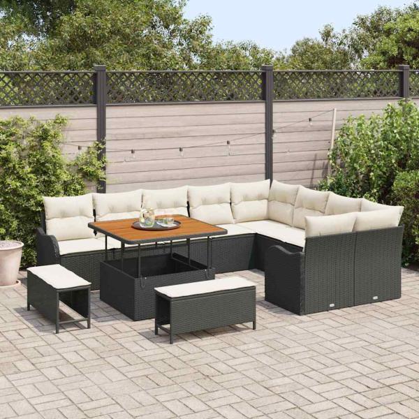 12-teiliges Garten-Sofa-Set mit Kissen Schwarz Poly Rattan Akazie, 3-teiliges Garten-Ess-Set mit Kissen Schwarz Poly Rattan Akazie, 2-Sitzer Garten-Sofa mit Kissen Schwarz Poly Rattan