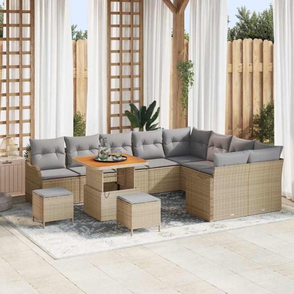 ARDEBO.de - 12-teiliges Garten Sofa Set mit Kissen Beige Poly Rattan Akazie, 3-teiliges Garten Esszimmer Set mit Kissen Beige Poly Rattan Akazie, 2-Sitzer Garten Sofa mit Kissen Beige Poly Rattan