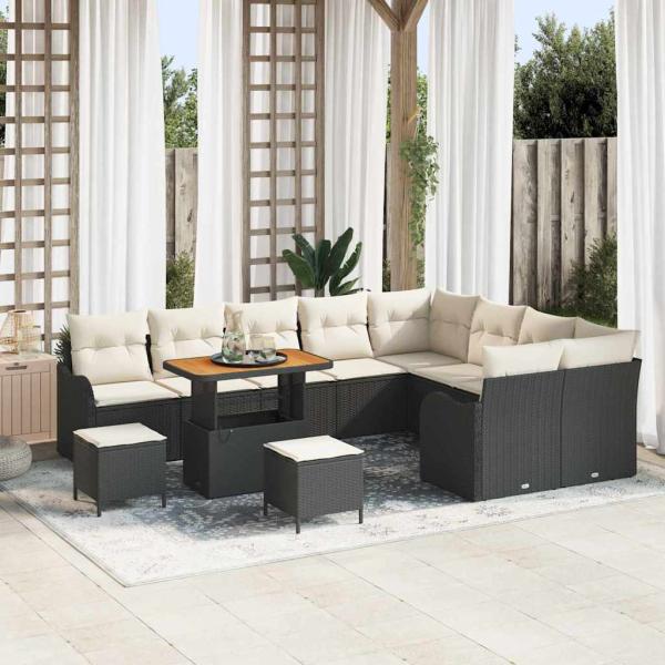 ARDEBO.de - 12-teiliges Garten Sofa Set mit Kissen Schwarz Poly Rattan Akazie, 3-teiliges Garten Essset mit Kissen Schwarz Poly Rattan Akazie, 2-Sitzer Garten Sofa mit Kissen Schwarz Poly Rattan