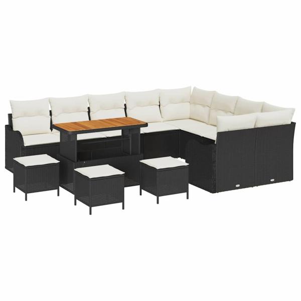 13-teiliges Gartensofa-Set mit Kissen Schwarz Poly Rattan Akazie, 4-teiliges Garten-Esstisch-Set mit Kissen Schwarz Poly Rattan Akazie, 2-Sitzer Gartensofa mit Kissen Schwarz Poly Rattan