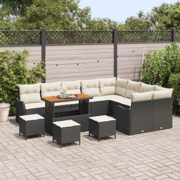 13-teiliges Gartensofa-Set mit Kissen Schwarz Poly Rattan Akazie, 4-teiliges Garten-Esstisch-Set mit Kissen Schwarz Poly Rattan Akazie, 2-Sitzer Gartensofa mit Kissen Schwarz Poly Rattan
