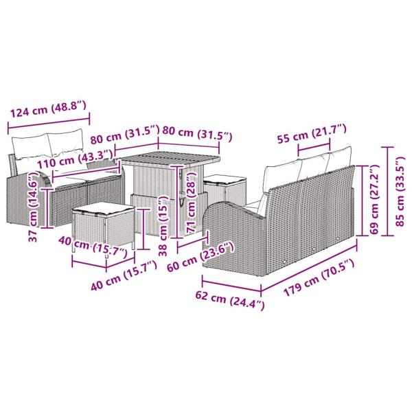 8-teiliges Garten Sofa Set mit Kissen Schwarz Poly Rattan Akazie, 2-Sitzer Garten Sofa mit Kissen Schwarz Poly Rattan, 3-teiliges Garten Esstisch Set mit Kissen Schwarz Poly Rattan Akazie