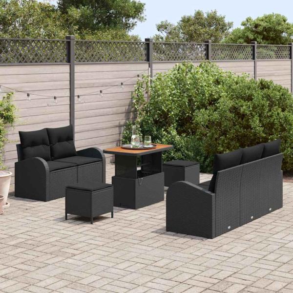 8-teiliges Garten Sofaset mit Kissen Schwarz Poly Rattan Akazie, 2-Sitzer Garten Sofa mit Kissen Schwarz Poly Rattan, 3-teiliges Garten Esstisch Set mit Kissen Schwarz Poly Rattan Akazie