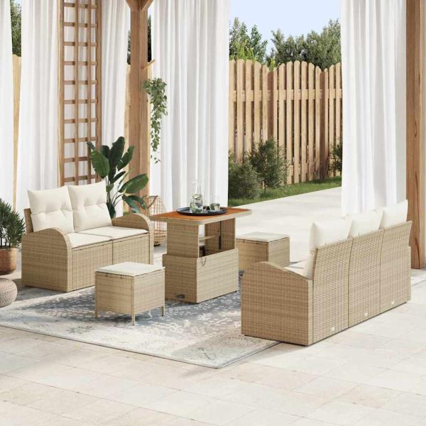 ARDEBO.de - 8-teiliges Garten Sofa Set mit Kissen Beige Poly-Rattan Akazie, 2-Sitzer Garten Sofa mit Kissen Beige Poly-Rattan, 3-teiliges Garten Essset mit Kissen Beige Poly-Rattan Akazie